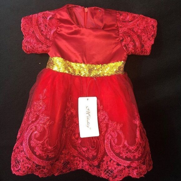 Beautiful Red/Gold Formal Dress Sz. 0/6Mos. NWT - Picture 1 of 5